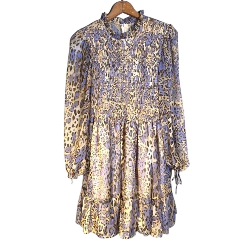Indikah Womens Mini Dress Smocked Leopard Print Chiffon Ruffle Blue L